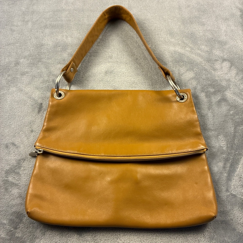 Prune Tan Leather Foldover Shoulder Bag Silver Ring Hardware Purple Lining Med